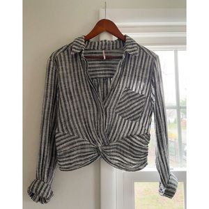 Free People Striped Knotted Crop Top Blouse